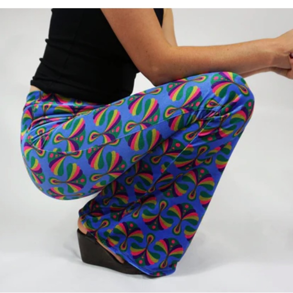 Flare Street Velvet Etta Flares New M 70’s Flower Power Art Deco Blue Pink Green